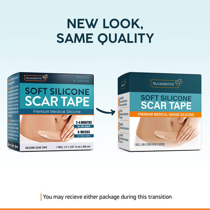 NUVADERMIS Silicone Scar Tape for Surgical Scars - 120" x 1.5" Roll - Extra Long Scar Sheets for C-Section, Tummy Tuck, Keloid, and Surgical Scars - Reusable Medical Grade Silicone Scar Tape - 1 Pack