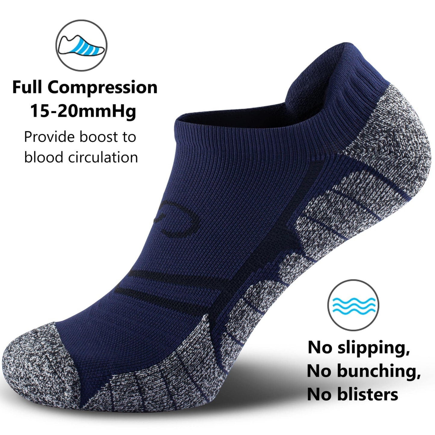 No Show Sports Compression Socks, Low Cut Anti-Blister Ankle Socks, Short Cushioned Moisture Wicking No Slip Arch Support Plantar Fasciitis