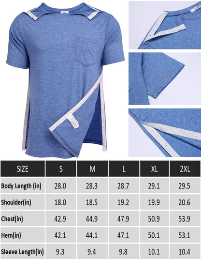 Men's Post Shoulder Surgery Shirts Recovery Tear Away Short Sleeve Full Open Side Snap Dialysis Chemo Clothing