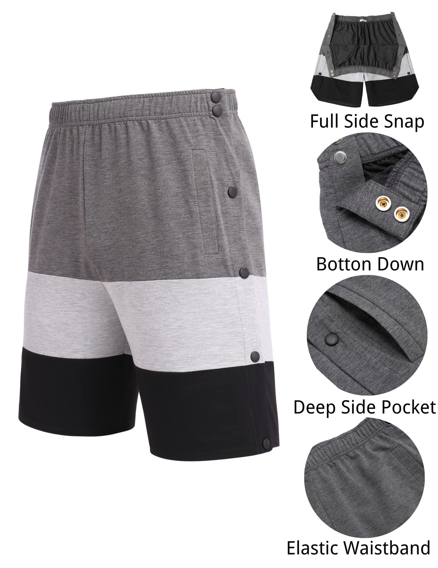 Tear Away Shorts for Men Side Snap Cotton Color Block Shorts Post Surgery Recovery Break Away Pants with Pockets